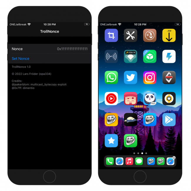 Two iPhone screens showing the TrollNonce app interface and app icon on iOS 15.