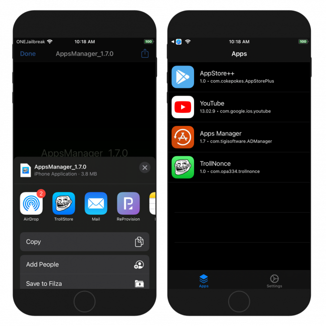 Two iPhone screens showing the installation process of Apps Manager IPA using TrollStore app on iOS 15.