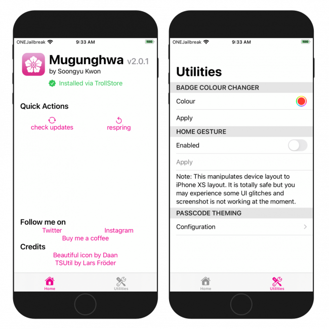Two iPhone screens showing home and utilities interface of Mugunghwa app running on iOS 15.