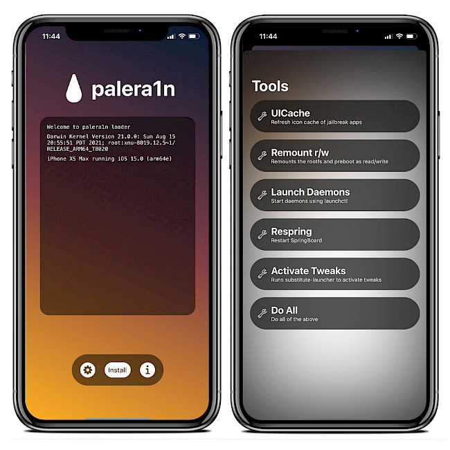 Two iPhone screens showing the palera1n loader app interface for iOS 15 and iOS 16.