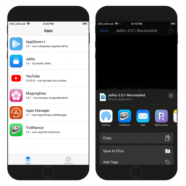 Two iPhone screens showing the installation process of Jaility IPA on iOS 15 through TrollStore app.