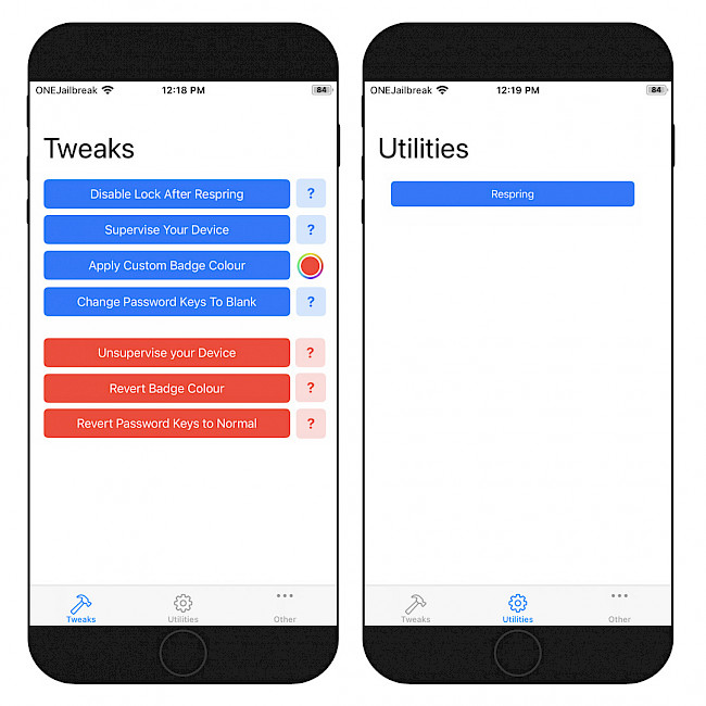 Two iPhone screens showing the Jaility app interface and available features in tweaks and utilities panes on iOS 15.