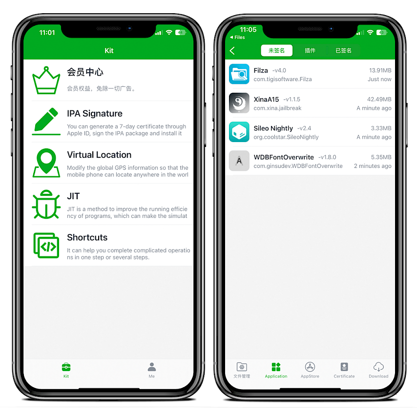 To iPhone-skærme, der viser Bullfrog Assistant-appens brugerflade, der kører på iOS 15.