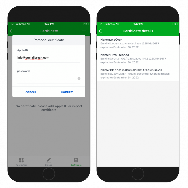 Two iPhone screens showing how to add personal certificate to Bullfrog Assistant nad Certificate details page.