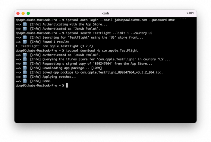 Screenshot of IPATool command line tool running on macOS in the Terminal app.