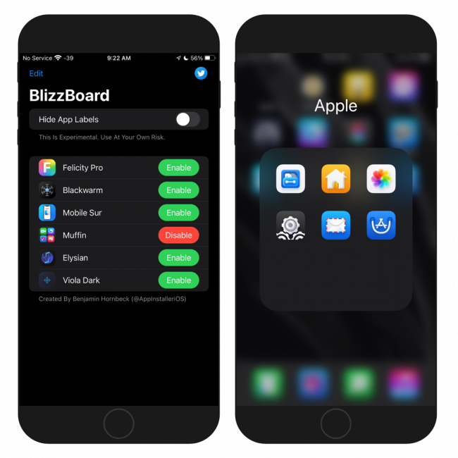 Two iPhone screens showing the BlizzardBoard app main interface on iOS and loaded icon theme.