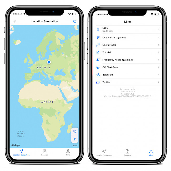 Two iPhone screens showing the LocationSimulation for TrollStore app interface on iOS 15.