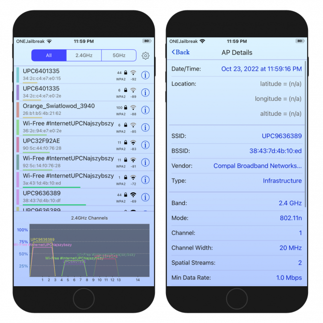 Two iPhone screens showing the WifiScanner app interface running on iOS 15.