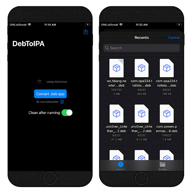 Two iPhone screens showing the DebtoIPA app interface running on iOS 15.