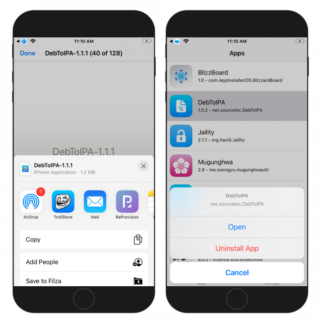 Two iPhone screens showing how to install DebtoIPA IPA package with TrollStore on iOS 15.