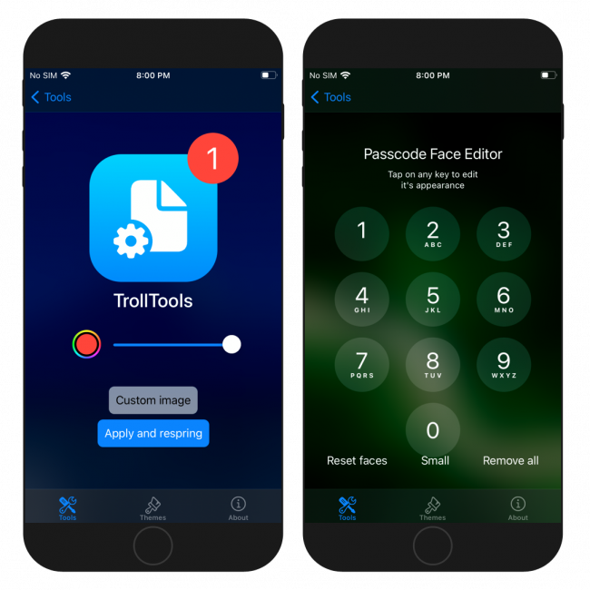 Δύο οθόνες iPhone που εμφανίζουν το χρώμα του σήματος και τον κωδικό πρόσβασης Face Editor στην εφαρμογή TrollTools για iOS.