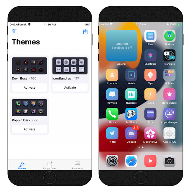 Two iPhone screens showing the TrollTools themes engine running on iOS 15.