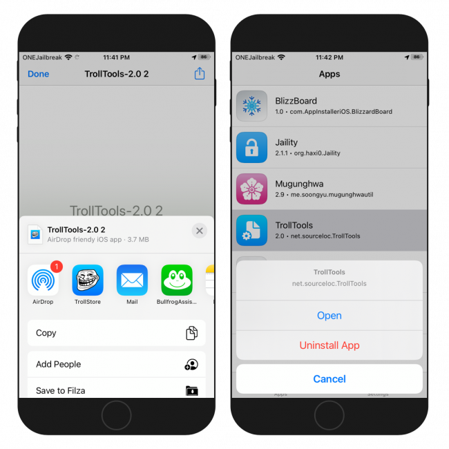 Δύο οθόνες iPhone που δείχνουν τη διαδικασία εγκατάστασης του TrollTools IPA με το TrollStore.