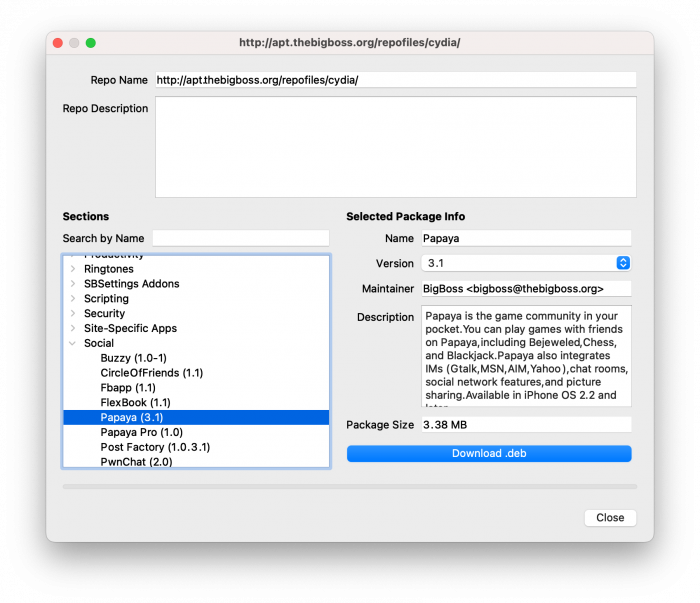 Screenshot of CyDownloader package browser running on macOS.