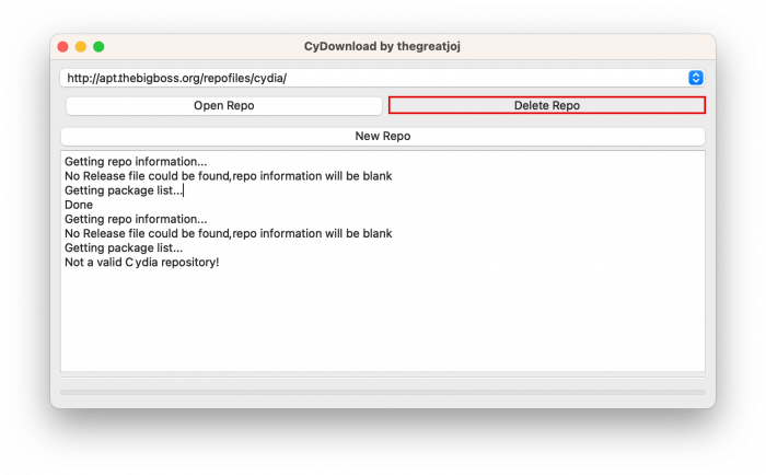 Screenshot of CyDownloader main window with loaded BigBoss Repository.