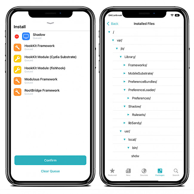 Screenshot of Sileo app showing Shadow Repo and installed files.
