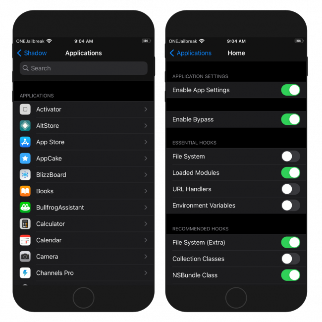 Two iPhone screens showing Shadow tweak per-app jailbreak bypass configuration options.