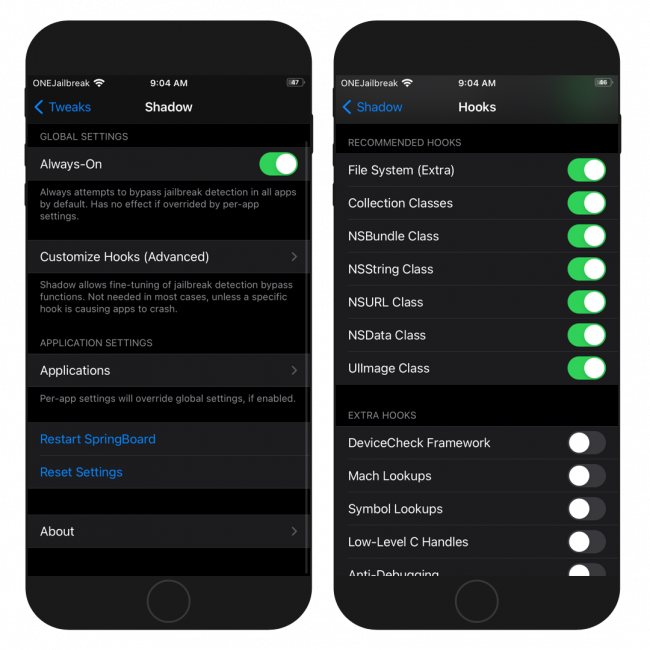 Two iPhone screens showing Shadow jailbreak detection bypass tweak settings on iOS.