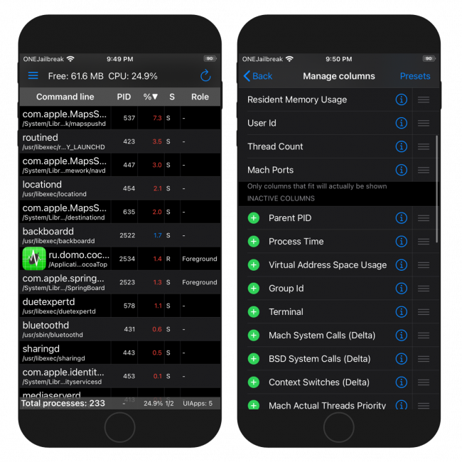 Two iPhone screens showing the CocoaTop app interface and manage columns section on iOS 15.