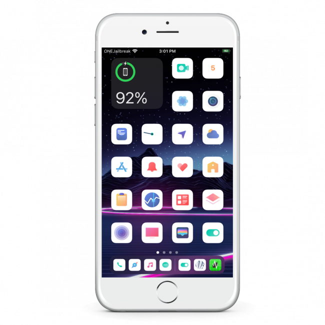 Screenshot of iPhone with Viola White Theme loaded on the Home Screen.