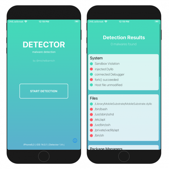 Two iPhone screens showing the Detector app interface running on iOS 14.