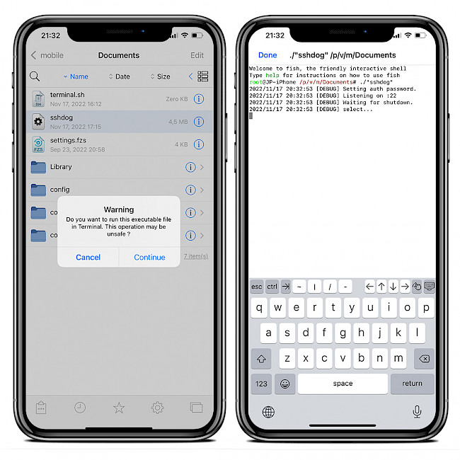 Two iPhone screens showing sshdog ssh server running on iOS 15.
