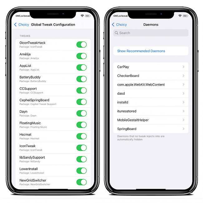 Two iPhone screens showing Choicy tweak advanced preferences on iOS 15.