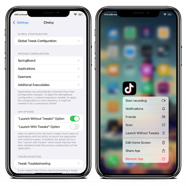 Two iPhone screens showing Choicy tweak configuration and 3D Touch menu integration on iOS 15.