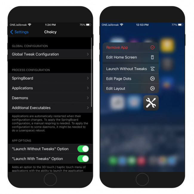 Two iPhone screens showing Choicy tweak configuration page and 3D Touch menu integration.
