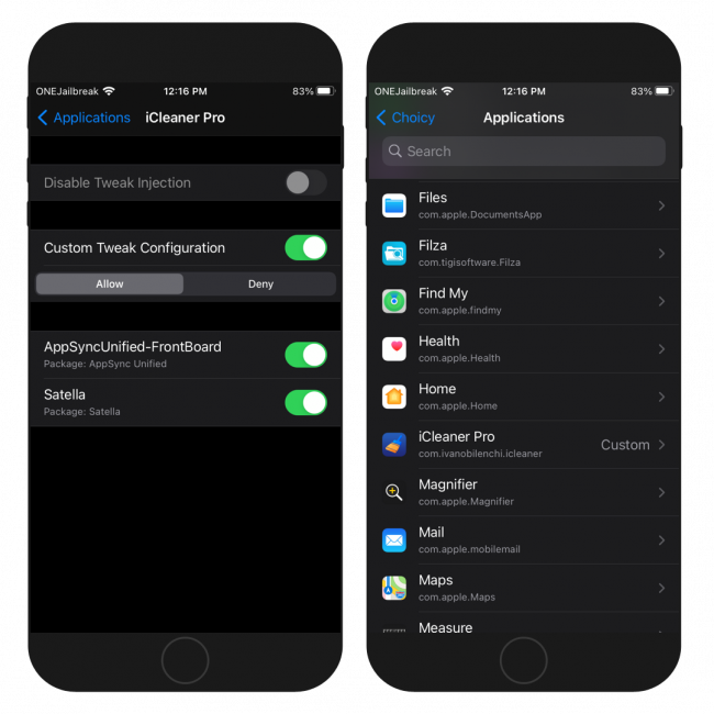Two iPhone screens showing Choicy custom tweak configuration on iCleaner Pro app.