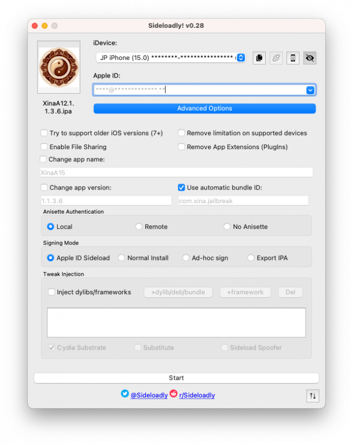Screenshot of Sideloady app with loaded XinaA15 IPA on macOS.
