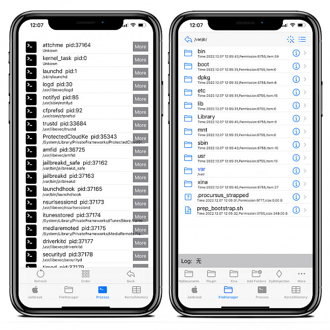 Two iPhone XS Max screens showing XinaA15 iOS 15 Jailbreak built-in File Manager and Process Viewer tools.