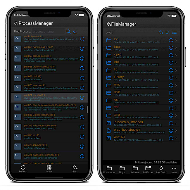 Two iPhone XS Max screens showing XinaA15 iOS 15 Jailbreak built-in File Manager and Process Viewer tools.
