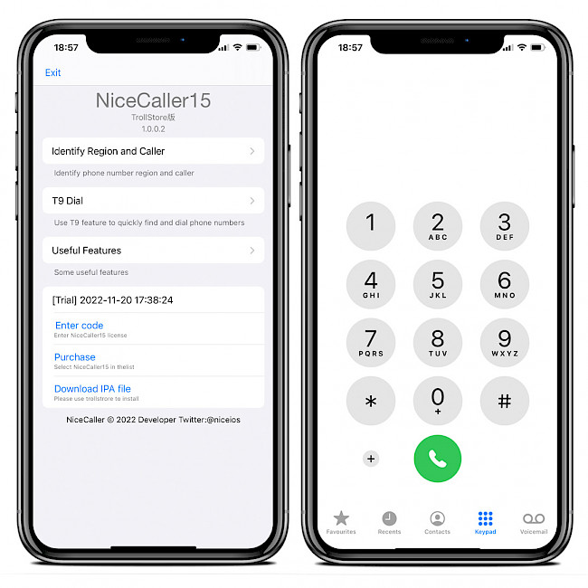 Two iPhone screens showing the NiceCaller for TrollStore app interface running on iOS 15.