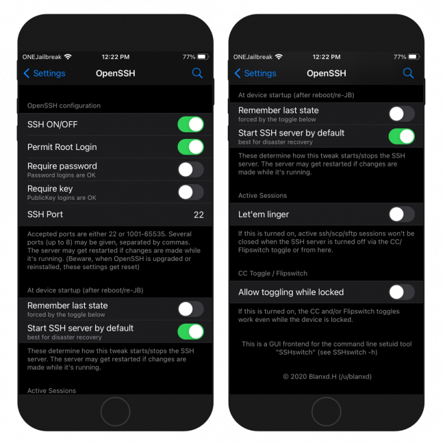 Two iPhone screens showing the OpenSSH Settings configuration pane in Settings app.