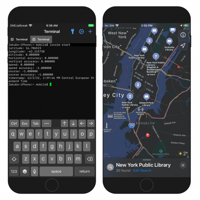 Two iPhone screens showing the locjim command executed in terminal app on iOS 14.