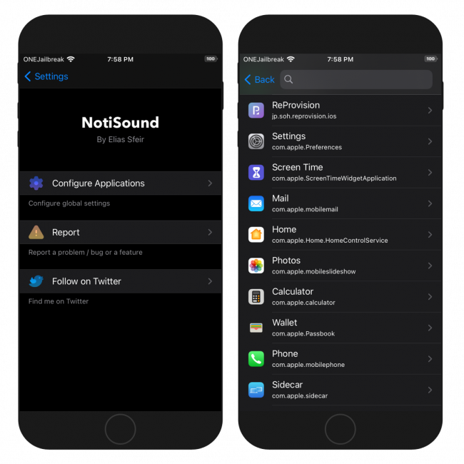 Two iPhone screens showing the NotiSound tweak preferences in Settings app on iOS 14.