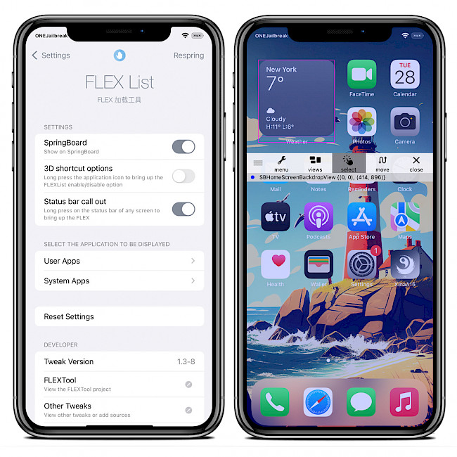 Two iPhone screens showing the FLEXList tweak tweak settings page and FLEX toolbar on Home Screen.