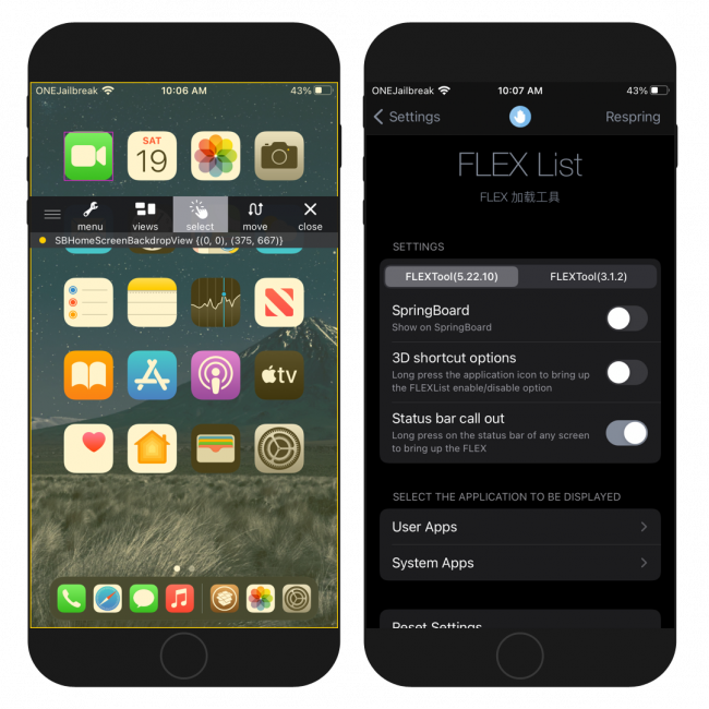 Two iPhone screens showing the FLEXList tweak tweak settings page and FLEX toolbar on Home Screen.