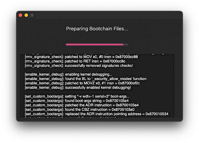 Screenshot of Ramiel app for macOS on Preparing Bootchain Files.
