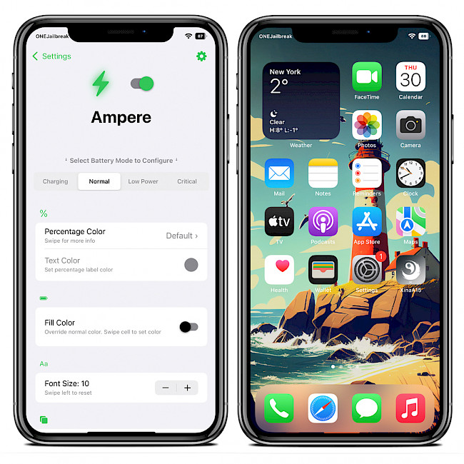 Two iPhone screens showing the Ampere and tweak preferences on iOS 15.