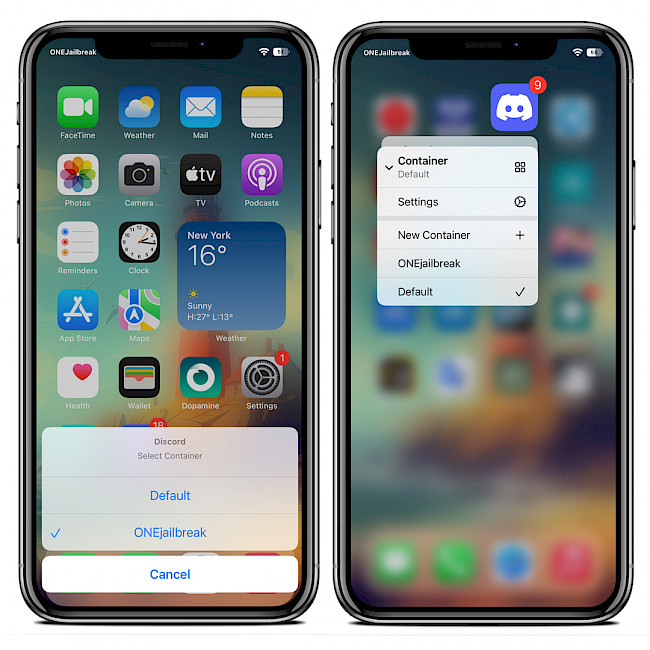 Two iPhone screens showing container selector feature with Crain tweak on iOS 15 Home Screen.
