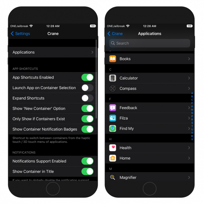 Two iPhone screens showing Crane tweak preference pane in the Settings app on iOS 15.