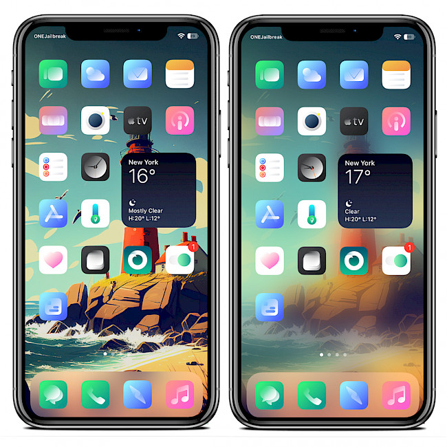 Two iPhone screens showing Amelija tweak effect before and after blur effect applied.
