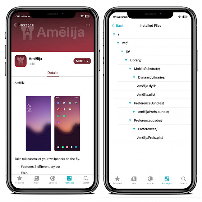 Sielo app showing Amelija Repo and tweak's installed files.