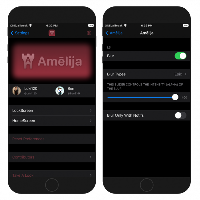 Two iPhone screens showing the Amelija tweak preference pane in Settings app on iOS.
