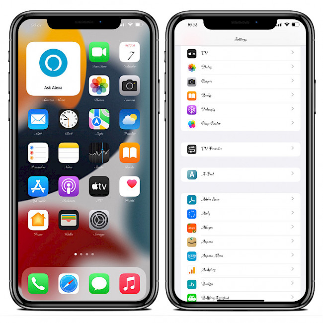Two iPhone screens showing Home Screen and Settings app with replaced fonts on iOS 15.