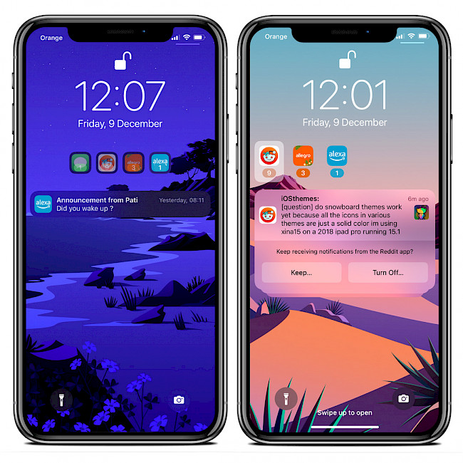 Two iPhone screens showing Axon tweak notification system on iOS 15 Lock Screen.