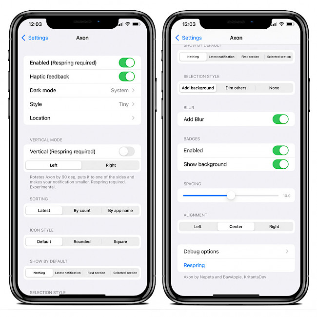 Two iPhone screens showing Axon tweak preference pane in Settings app on iPhone XS Max.