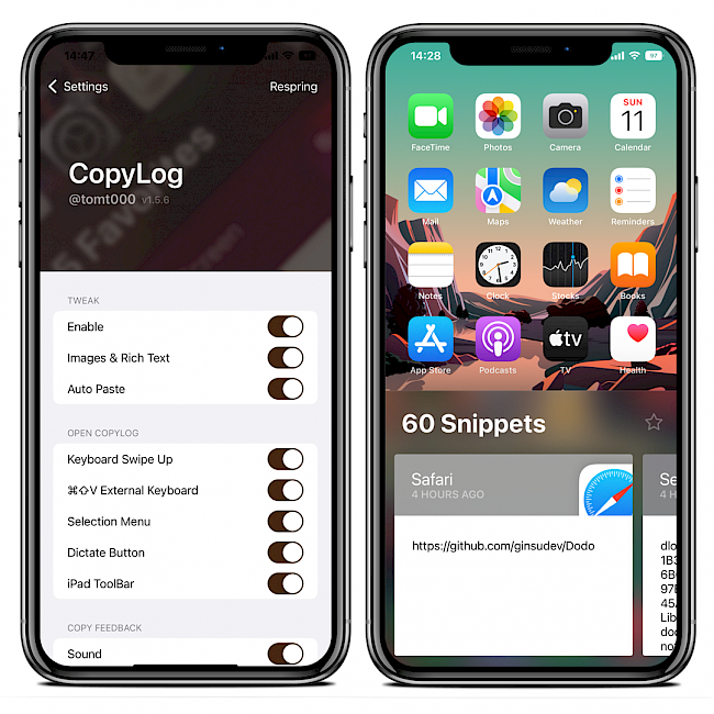 Two iPhone screens showing the CopyLog tweak configuration pane and clipboard UI on Home Screen.